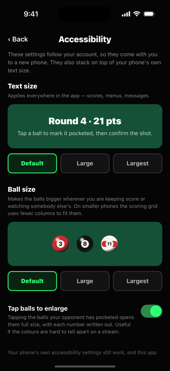 The 33 Pool Accessibility screen, with text size and ball size both set to Default.