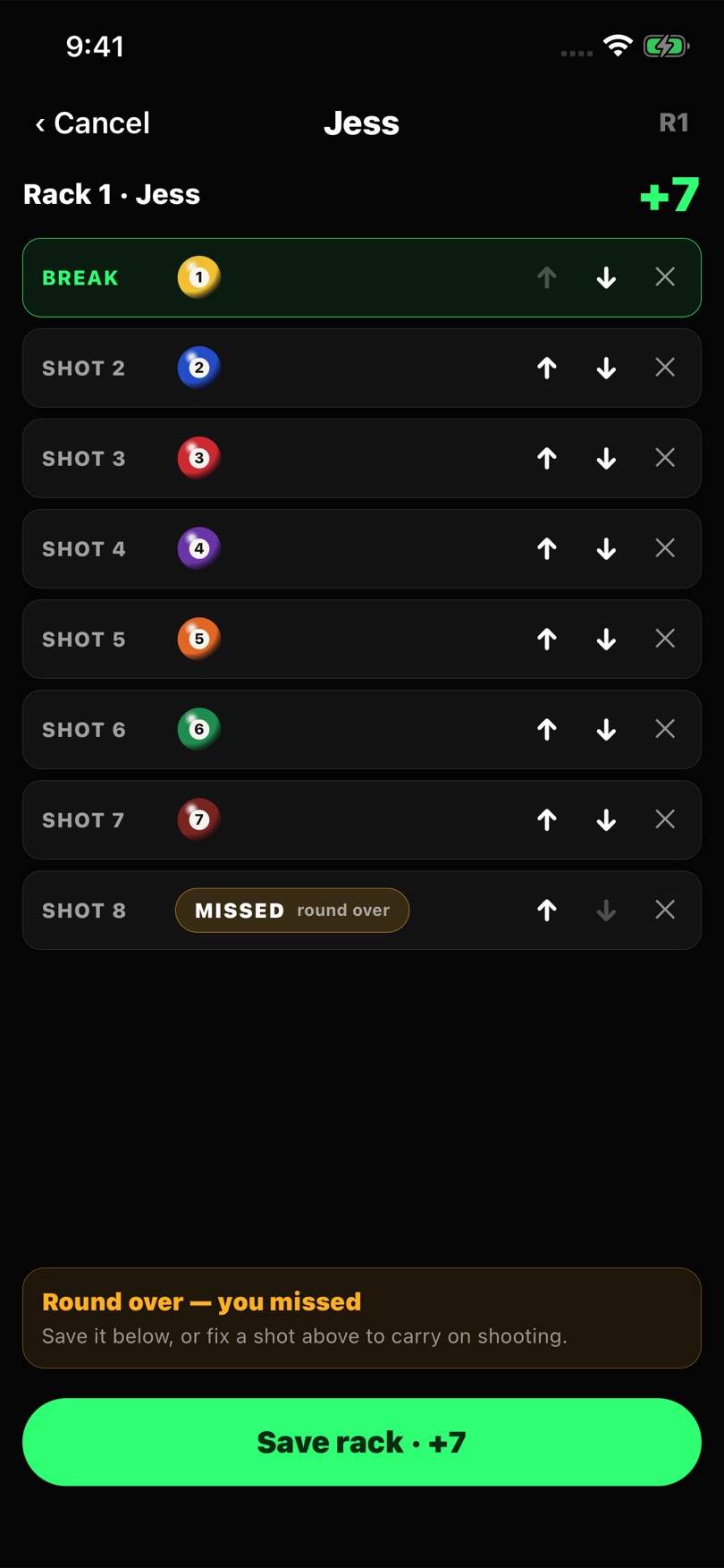 Marking a rack in the 33Pool scoreboard: the break, six shots, then a miss, ready to save for 7 points