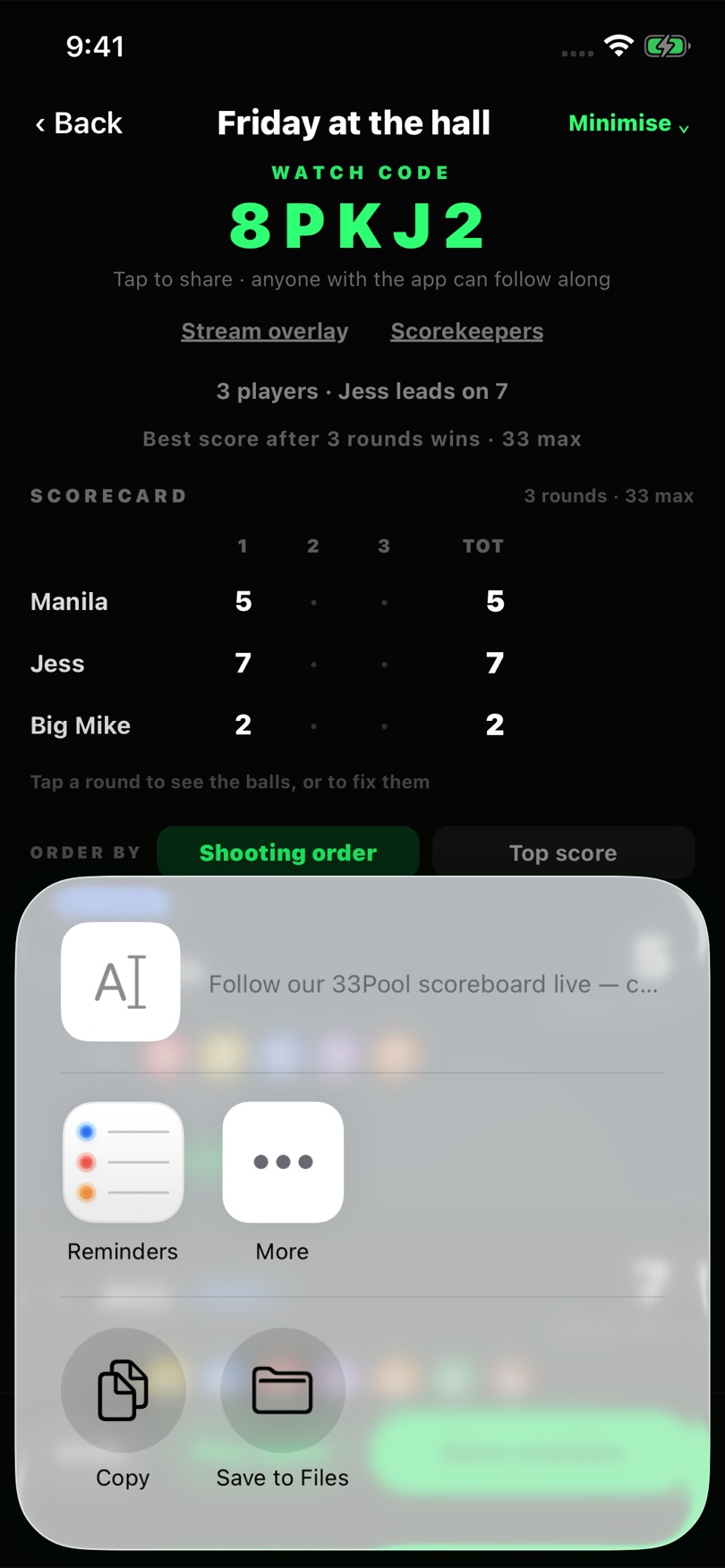 Sharing a 33Pool scoreboard's watch code from the phone's share sheet