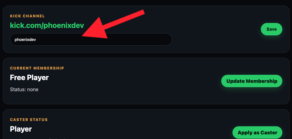 Account page showing the option to save a Kick stream