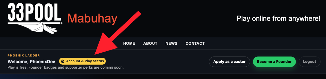 Account and Play Status button in the website header